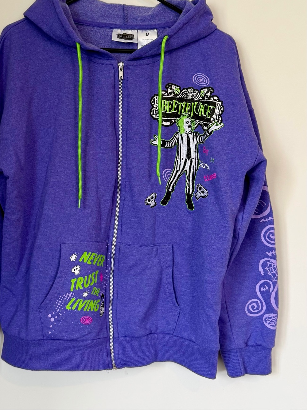 Purple Beetlejuice Graphic Zip Hoodie with Green Drawstrings - Size: Medium - Picture 7 of 10